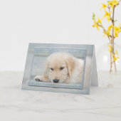 Carte Chiot Golden Retriever en cadre bleu (Fleur jaune)