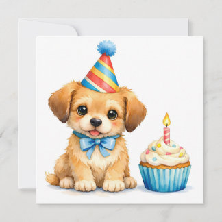 Carte Chiot mignon aquarelle avec gâteau d'anniversaire