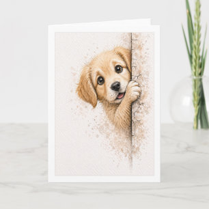Carte Chiot Mignon en Aquarelle Regardant Derrière une C