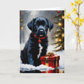 Carte Chiot Noir de Noël Avec Cadeau Rouge (Fleur jaune)