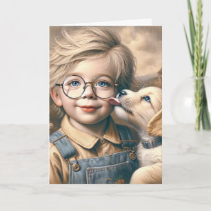 Carte Chiot qui lèche le visage du petit garçon