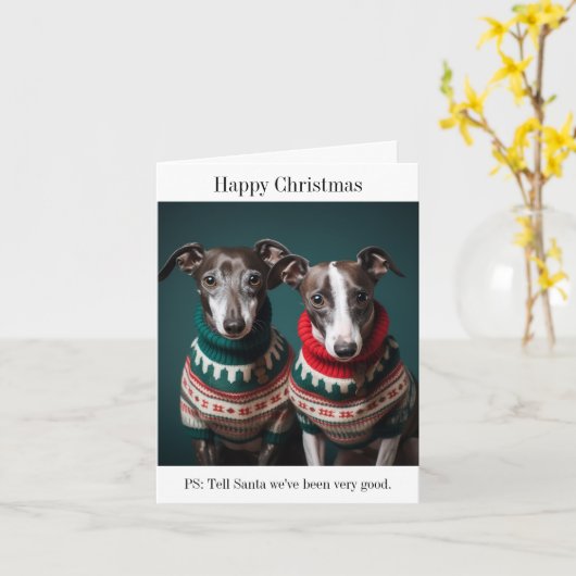 Carte Chiots gris dans les pulls de Noël (Fleur jaune)
