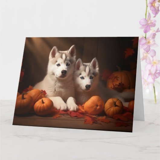 Carte Chiots Husky Sibérien Délice d'Automne Citrouille  (Orchidée)