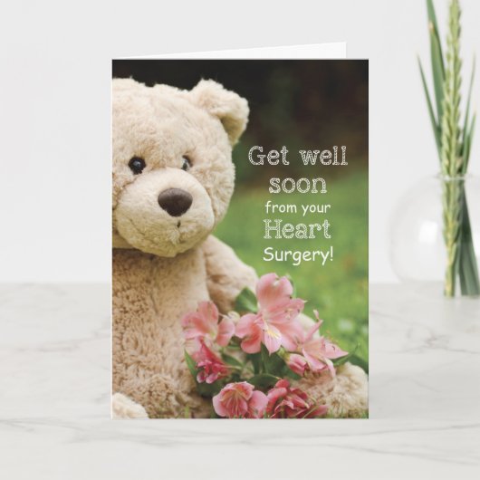 Carte Chirurgie cardiaque, ours en peluche et fleurs se  (Devant)