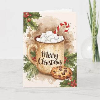 Carte Chocolat chaud Noël joyeux cookie houx festif