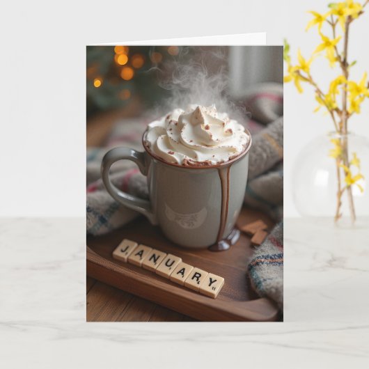 Carte Chocolat chaud pour un anniversaire de janvier (Fleur jaune)