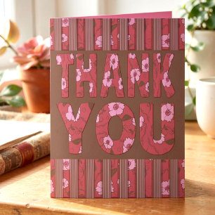 Carte Chocolat et fleurs roses et rayures Merci