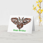 Carte Chouette à cornes de bois sculpté Anniversaire (Fleur jaune)