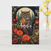 Carte Chouette à la nuit avec une Pleine lune Anniversai (Fleur jaune)