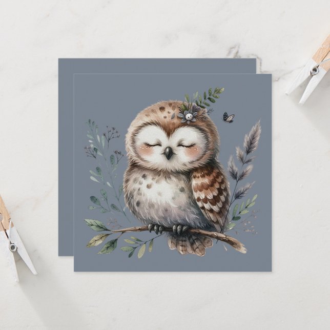 Carte Chouette à l'aquarelle mignonne avec style boisé f (Devant/Arrière en situation)