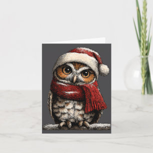 Carte Chouette adorable avec chapeau de Père Noël enneig