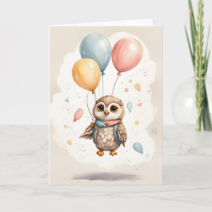 Carte Chouette aquarelle mignonne Ballons jaunes bleus r