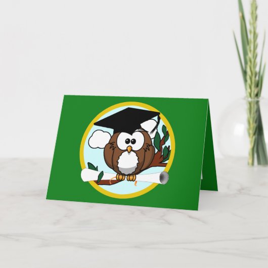 Carte Chouette de graduation - Vert et Or (Devant)