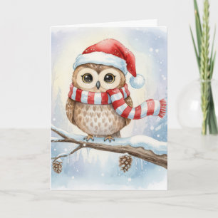 Carte Chouette de Noël à l'aquarelle avec un chapeau de