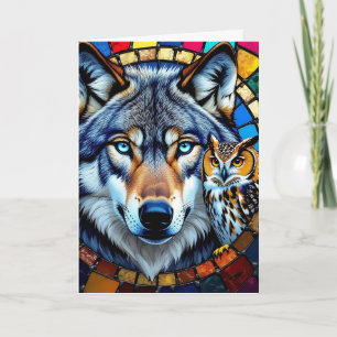 Carte Chouette de style mosaïque et loup   Joyeux annive