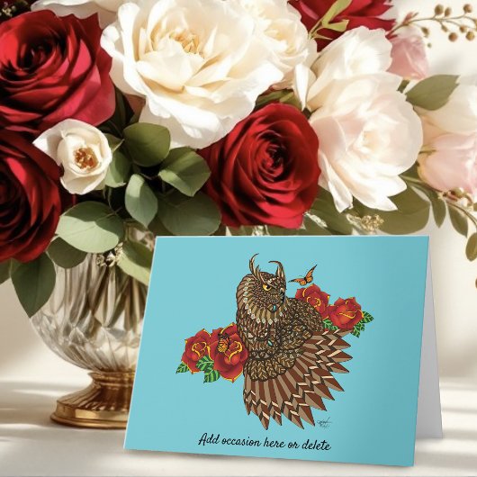 Carte Chouette des Roses rouges bleu