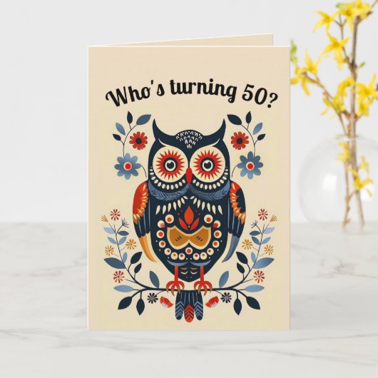 Carte Chouette et fleurs d'art populaire modifiables (Fleur jaune)