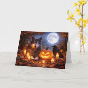 Carte Chouette loup corbeau Joyeux Halloween dans une sc