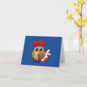 Carte Chouette mignonne avec béretd rouge et boîte à coe (Fleur jaune)
