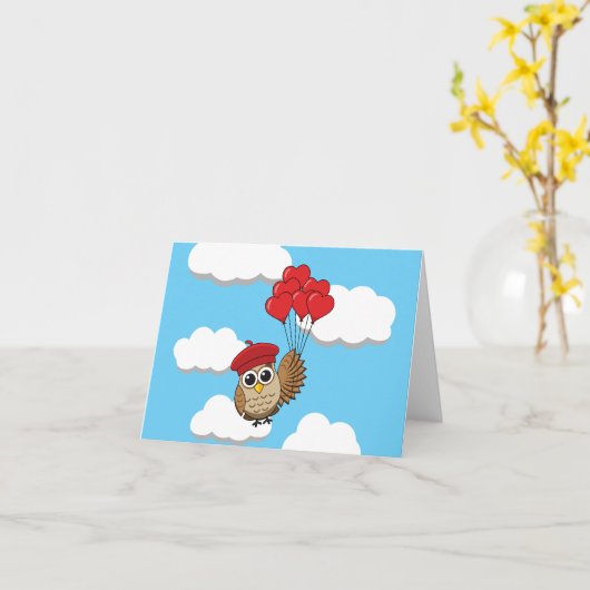 Carte Chouette mignonne volant avec des ballons en forme (Fleur jaune)