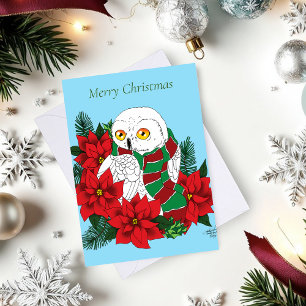 Carte Chouette neigeuse Poinsettias rouges Noël