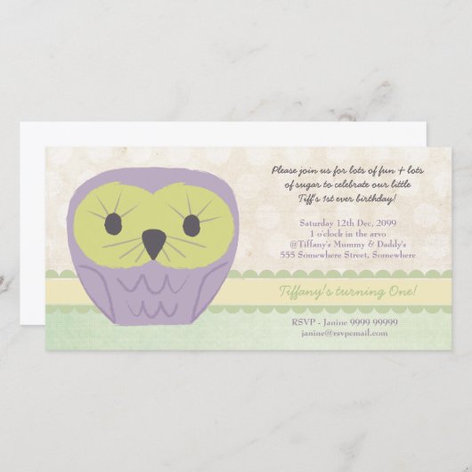 Carte Chouette pourpre et verte 1er anniversaire Invitat (Devant / Derrière)