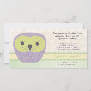 Carte Chouette pourpre et verte 1er anniversaire Invitat