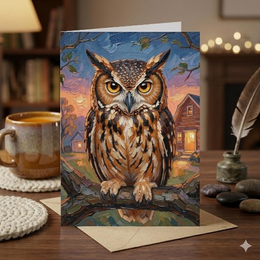 Carte Chouette Rayée de Naissance Rustique Impasto