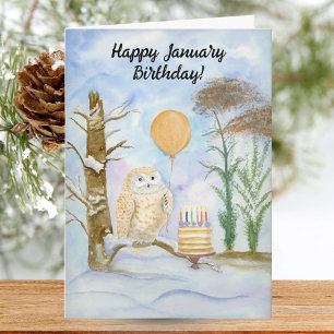 Carte Chouette rayée Joyeux Anniversaire de Janvier avec