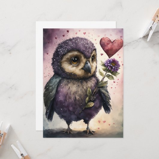 Carte Chouette romantique Saint Valentin (Devant/Arrière en situation)