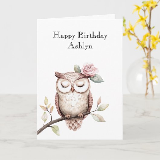 Carte Chouette rose enchantée Anniversaire (Fleur jaune)