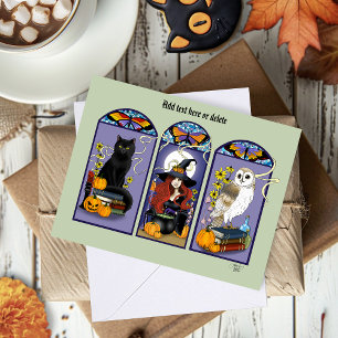 Carte Chouette sorcière Art Nouveau Chat Halloween