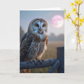 Carte Chouette sur une clôture avec lune rose (Fleur jaune)