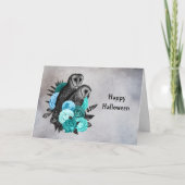 Carte Chouettes florales Turquoises gothiques Halloween (Devant)