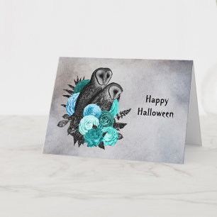 Carte Chouettes florales Turquoises gothiques Halloween