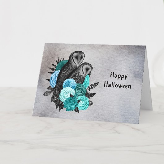 Carte Chouettes florales Turquoises gothiques Halloween