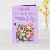 Carte Chouettes mignonnes nom personnalisé violet Saint- (Fleur jaune)