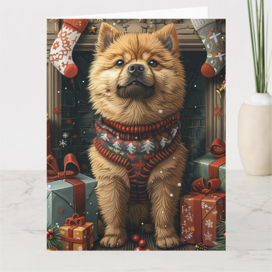 Carte Chow Chien Chow avec cadeaux de Noël cheminée (Devant)