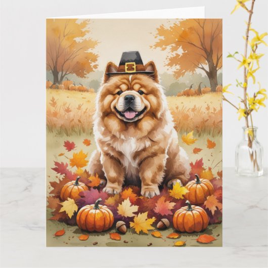 Carte Chow Chow À L'Automne Feuille L'Art Thanksgiving (Fleur jaune)
