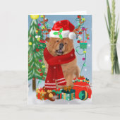 Carte Chow Chow Chien en neige avec cadeaux de Noël (Devant)