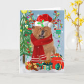 Carte Chow Chow Chien en neige avec cadeaux de Noël (Fleur jaune)
