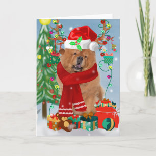 Carte Chow Chow Chien en neige avec cadeaux de Noël