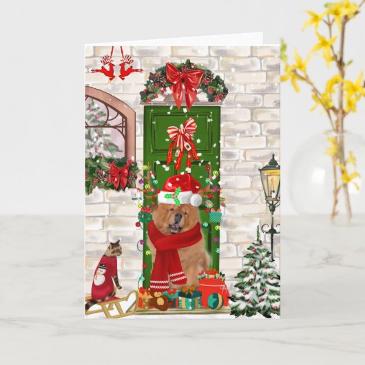 Carte Chow Chow Chien Noël (Fleur jaune)