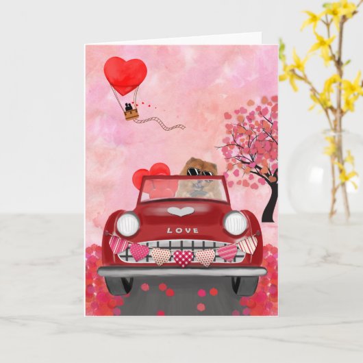 Carte Chow Chow Chien voiture avec les coeurs Valentine' (Fleur jaune)