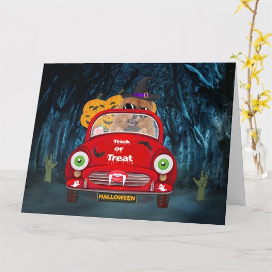 Carte Chow Chow Chig Conduire voiture effrayant Hallowee (Fleur jaune)