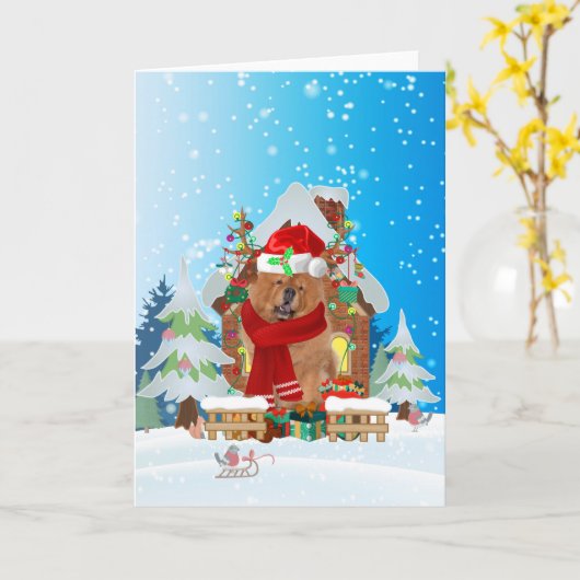 Carte Chow Chow dans la neige avec cadeaux de Noël (Fleur jaune)