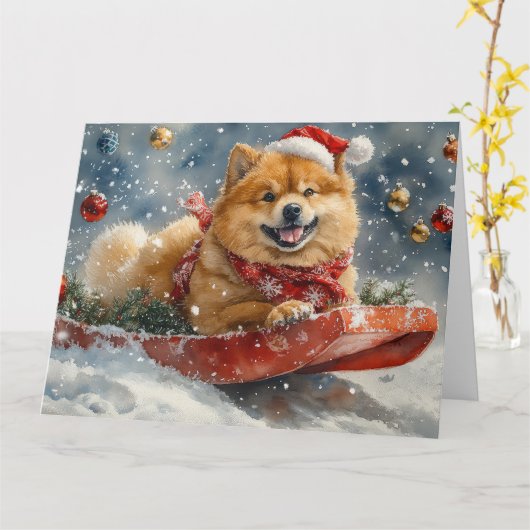 Carte Chow Chow Dog in Sledge Let's neige Christmas (Fleur jaune)