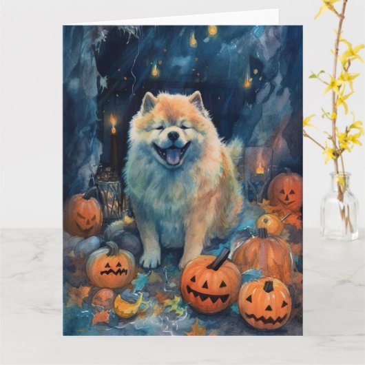 Carte Chow Chow Halloween avec citrouilles épouvantable (Fleur jaune)