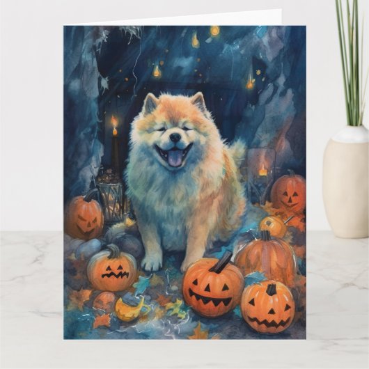 Carte Chow Chow Halloween avec citrouilles épouvantable (Devant)