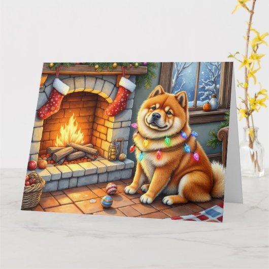 Carte Chow Chow Sitting Fireplace with Christmas Lights (Fleur jaune)